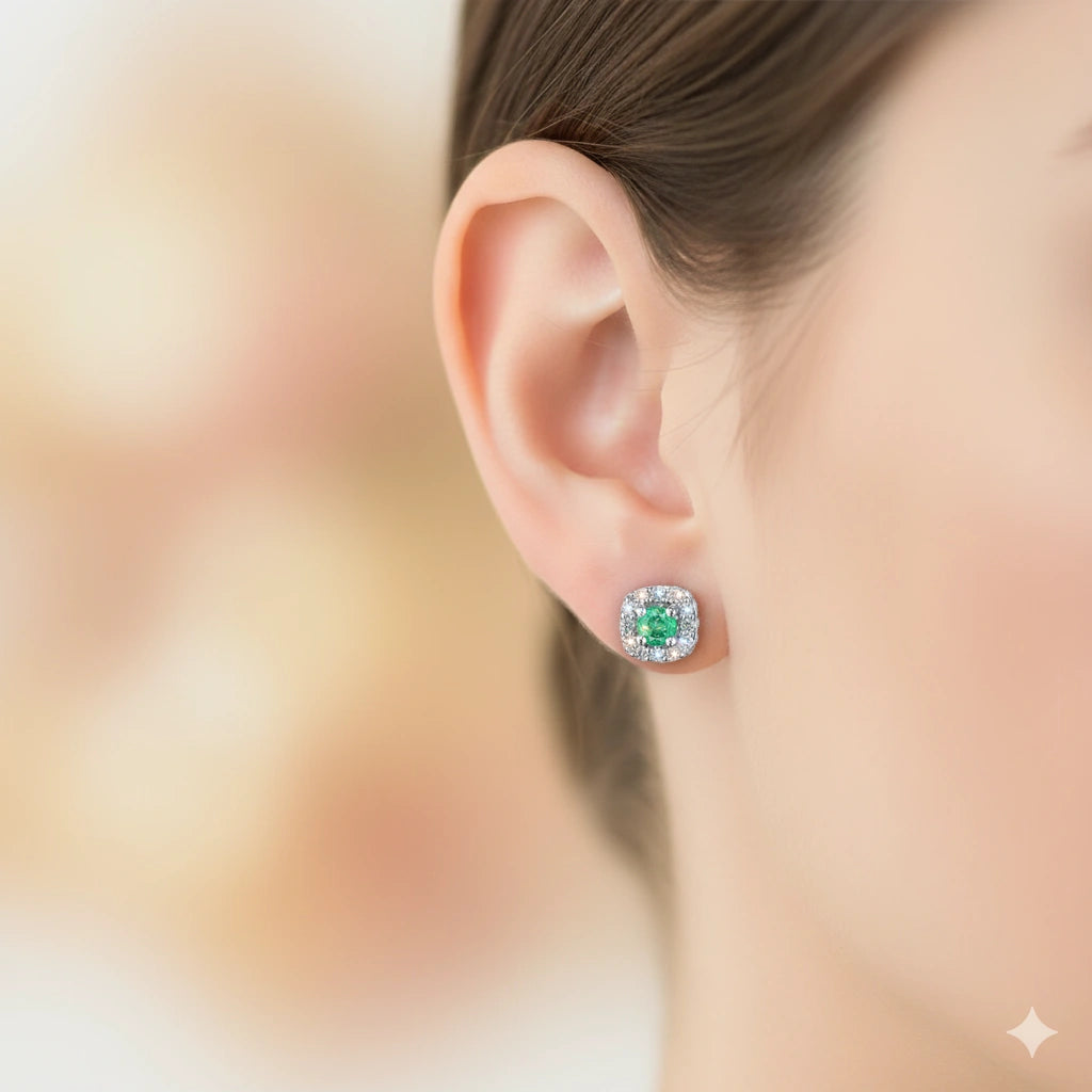 Sterling Silver Earring Studs with Lab-Created Emerald and Lab-Created Diamonds