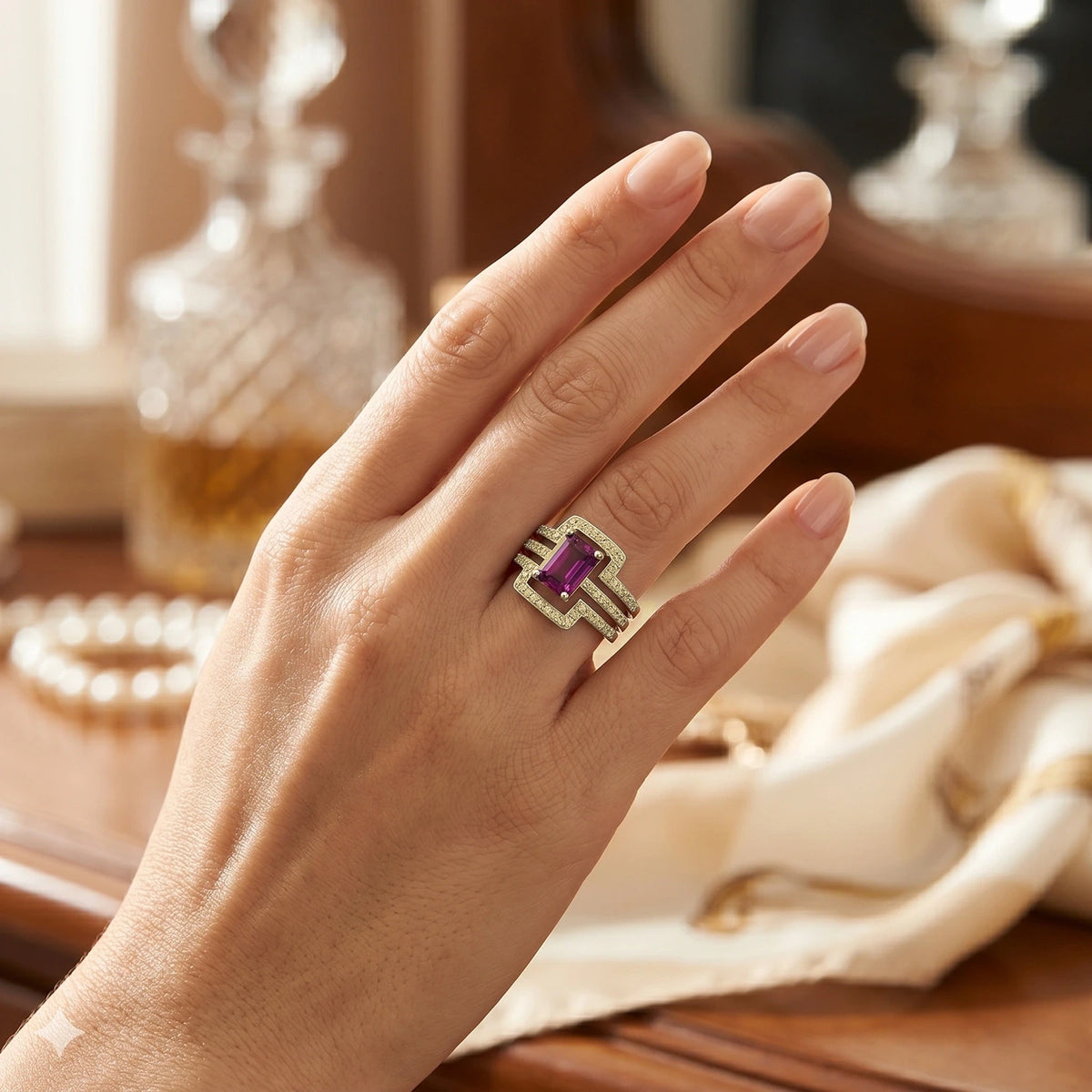 14K Yellow Gold Ring with Garnet and Lab-Created Diamonds