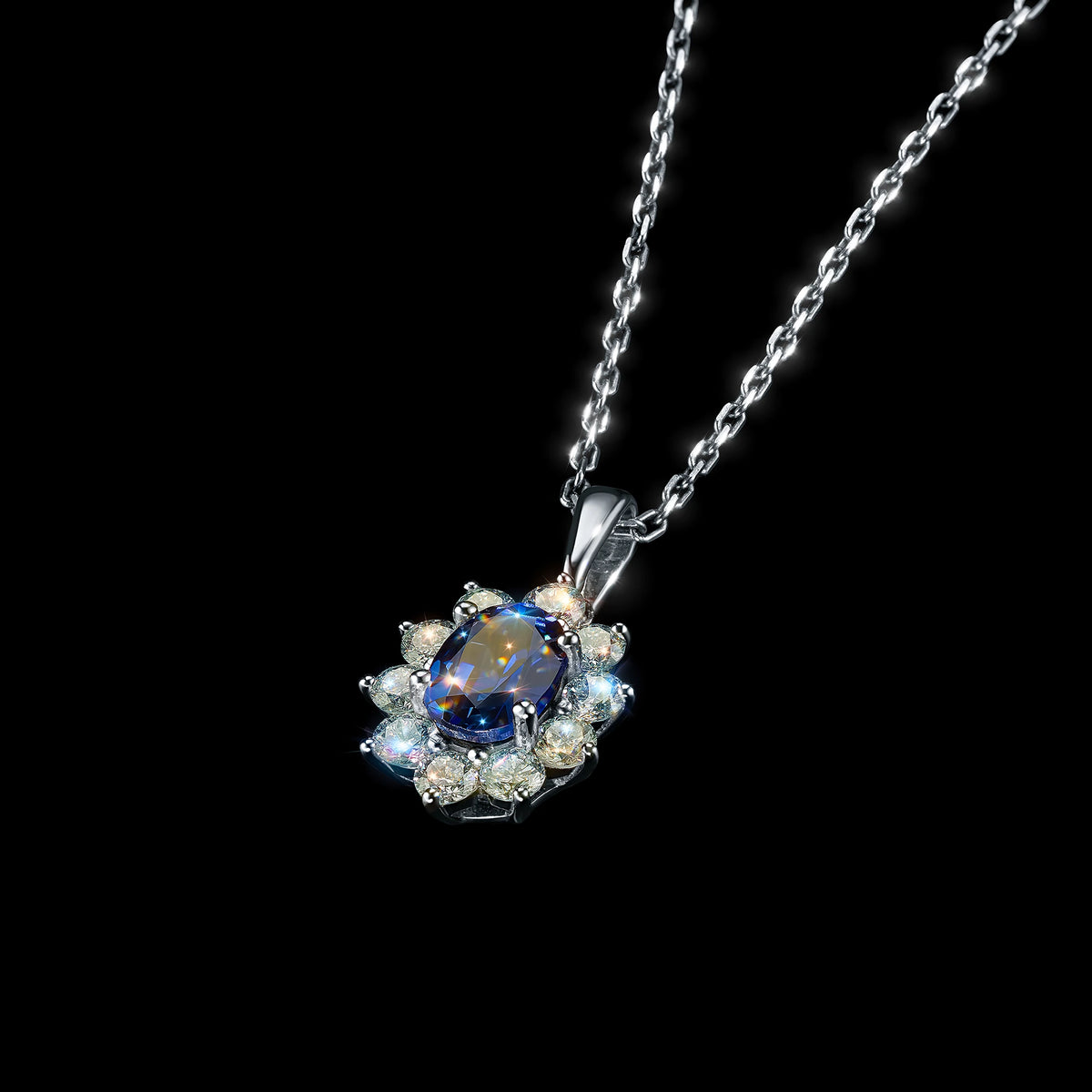Sterling Silver Pendant with Lab-Created Sapphire and Lab-Created Diamonds