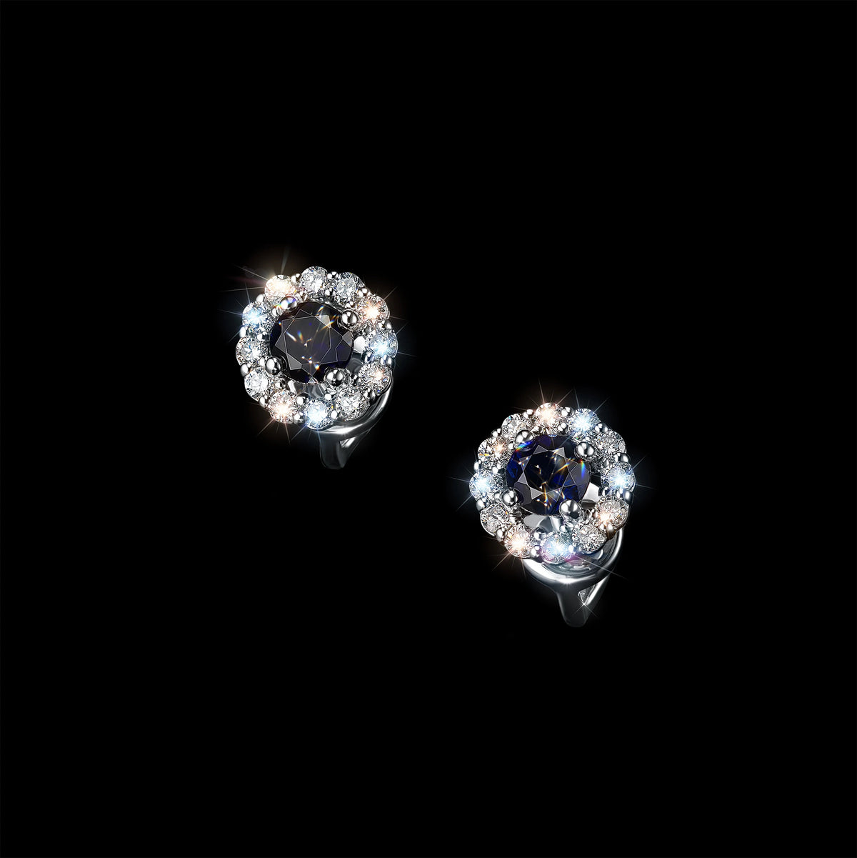 Sterling Silver Earring Studs with Lab-Created Sapphire and Lab-Created Diamonds
