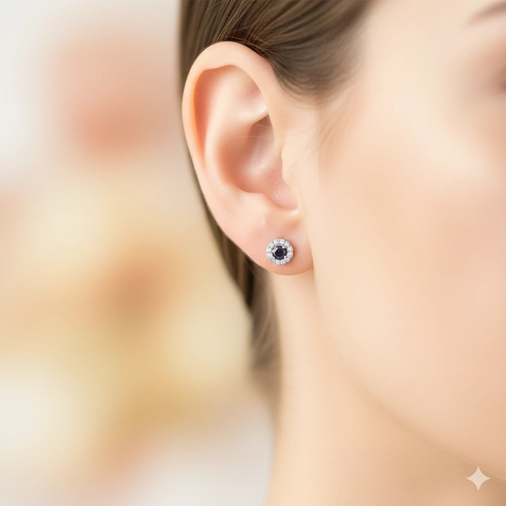 Sterling Silver Earring Studs with Lab-Created Sapphire and Lab-Created Diamonds