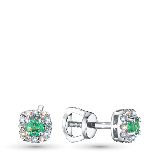 Sterling Silver Earring Studs with Lab-Created Emerald and Lab-Created Diamonds