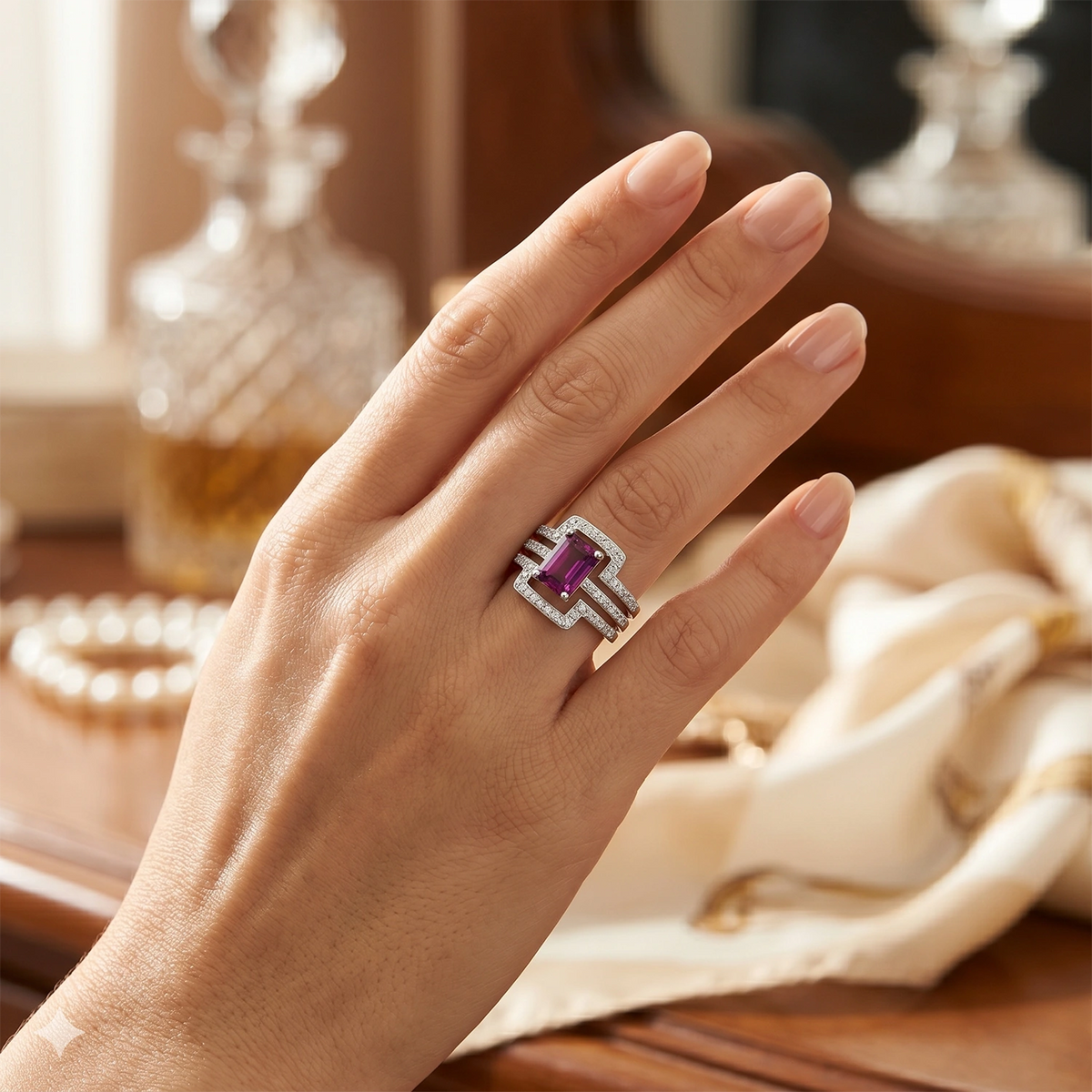 14K Yellow Gold Ring with Garnet and Lab-Created Diamonds